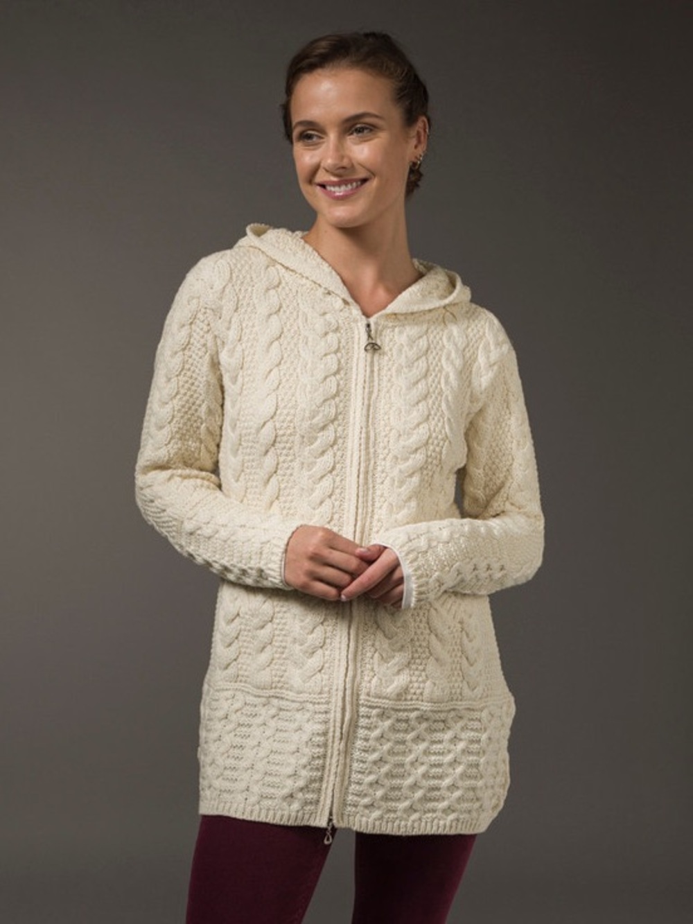 AranCrafts Merino Wool Cream Cable Knit Hooded Zip Cardigan XS
